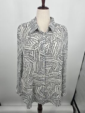 CAbi Black & White Abstract Leaf-Print Button Down Blouse XL (7668)